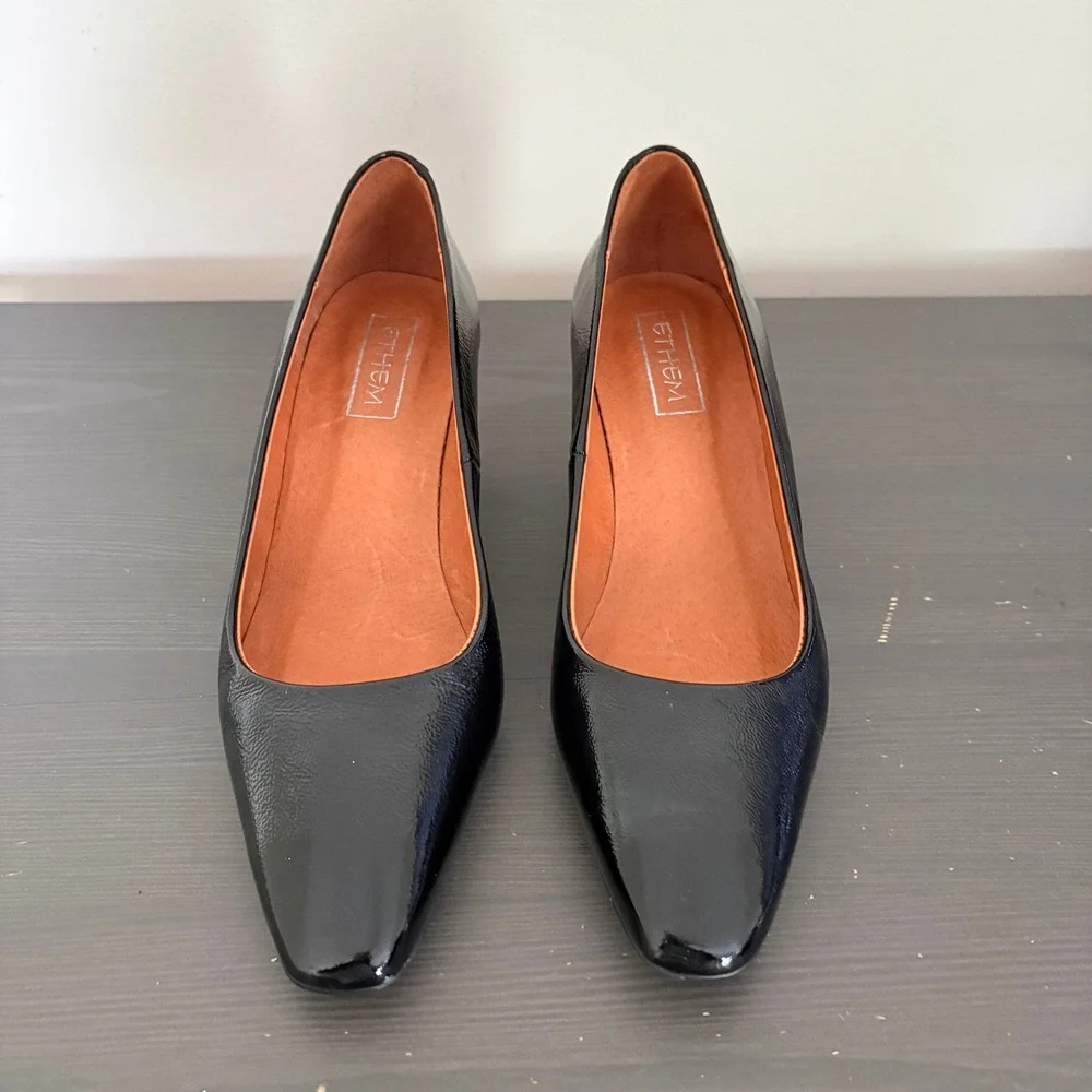 Ethem Pumps Block Heel 38 Black Patent Leather Made in Spain Mod Square Toe